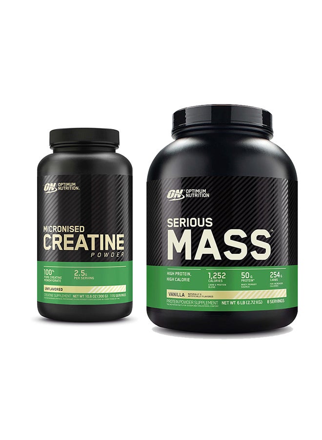 Optimum Nutrition عرض حزمة حصرية - سيريوس ماس فانيلا 6 رطل ومسحوق الكرياتين المجهرية بدون نكهة 300 جرام 115 حصة - Image 1